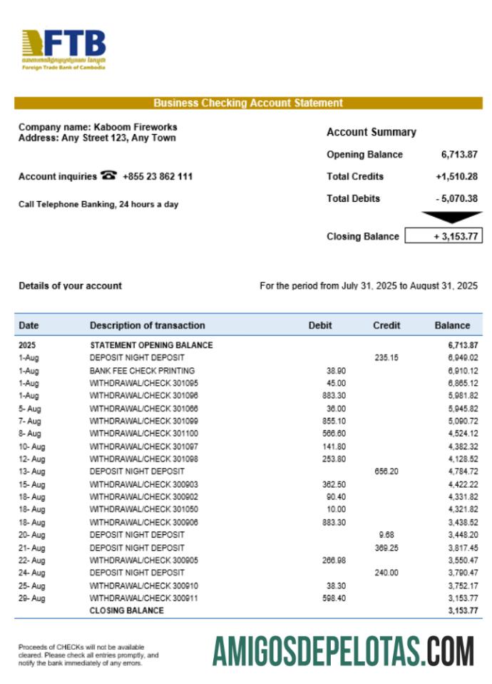 Extrato bancário do Banco de Comércio Exterior do Camboja em formato Word e PDF